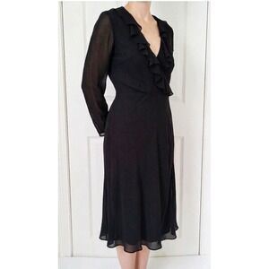 Isabella Bird Silk Ruffle Wrap Dress Womens 6 Black Midi Long Sleeve Anthro